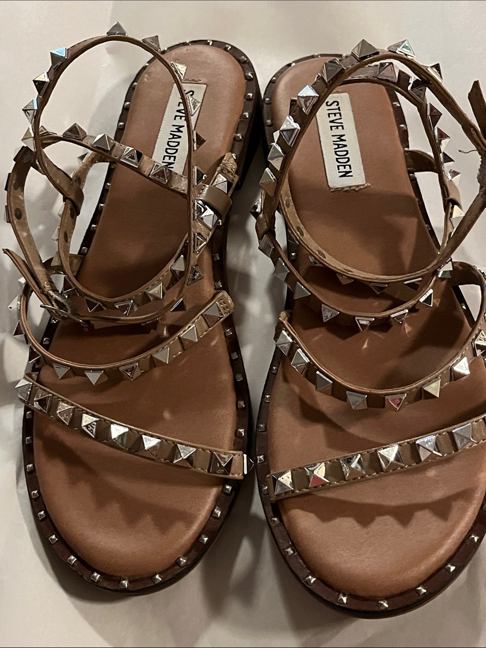 Steve Madden Brown Pyramid Stud Strappy Flat Sandals